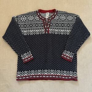 Ll Bean Fair Isle Snowflake Heavy Knit Henley Button Sweater XL